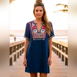 Anthropologie Chelsea & Theodore Womens M Petite Blue Embroidered Rayon Dress